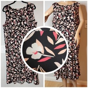 Talbots Stretch Sleeveless black pink floral midi ruffle hem dress plus size 18W